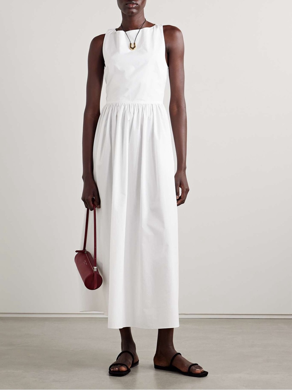 Matteau 100% Cotton Poplin White Sleeveless Boat Neck Tie Back Midi Dress Pocket - Picture 4 of 16
